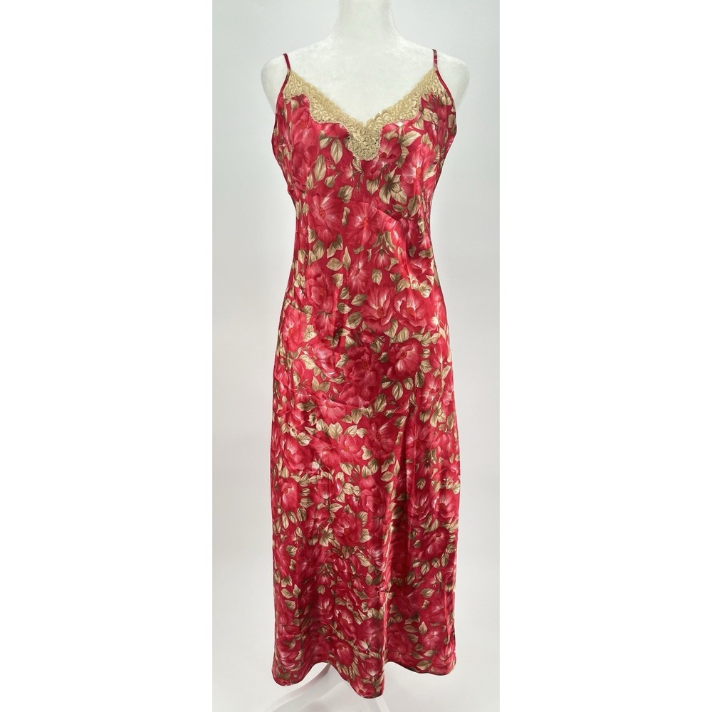 Cato Woman's M Red Floral Satin Full Slip Maxi Dress Lace Trim Coquette Y2K 90's
